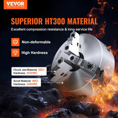 An 8-inch 3-jaw self-centering lathe chuck is shown with material specifications.