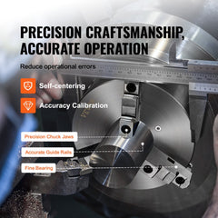 8-inch 3-jaw self-centering lathe chuck with precision jaws, guide rails, and bearing.
