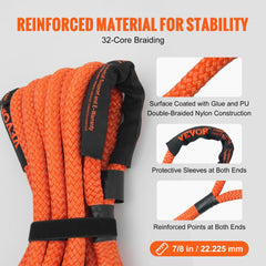 Bostome 7/8" x 30' kinetic recovery tow rope with soft shackles and high-strength nylon construction.