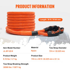 Kinetic recovery tow rope, 30' long, with soft shackles and high-strength nylon construction.