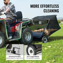 Bostome 48.5" tow-behind lawn sweeper with large hopper and adjustable brush height.