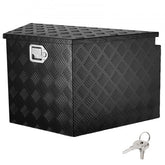 Black aluminum alloy trailer tongue tool box, 33x19x18 inches, with lock.