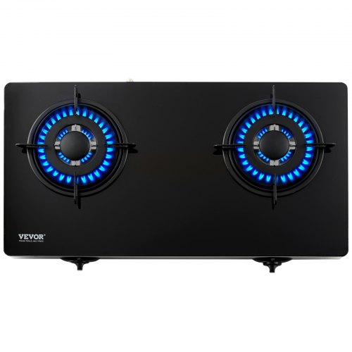 Black tempered glass 28-inch 2-burner gas cooktop with blue flames and VEVOR branding.
