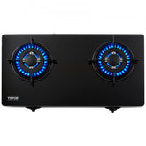 Black tempered glass 28-inch 2-burner gas cooktop with blue flames and VEVOR branding.