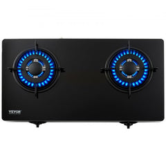 Black tempered glass 28-inch 2-burner gas cooktop with blue flames and VEVOR branding.