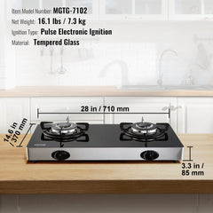 28-inch 2-burner gas cooktop with tempered glass surface and black knobs.