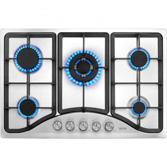 30-inch stainless steel gas cooktop with five burners and safety thermocouple system.