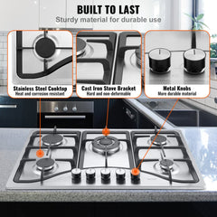 30-inch stainless steel gas cooktop with five burners and safety thermocouple system.
