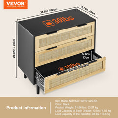 Black boho dresser with three rattan drawers and sturdy legs for versatile storage.