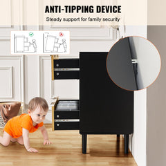 Black boho dresser with three rattan drawers and sturdy legs for versatile storage.