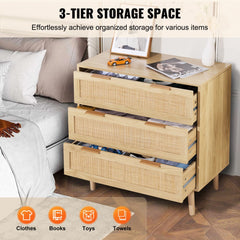 Natural wood dresser with three rattan drawers and sturdy legs for versatile storage.