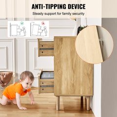 Natural wood dresser with three rattan drawers and sturdy legs for versatile storage.