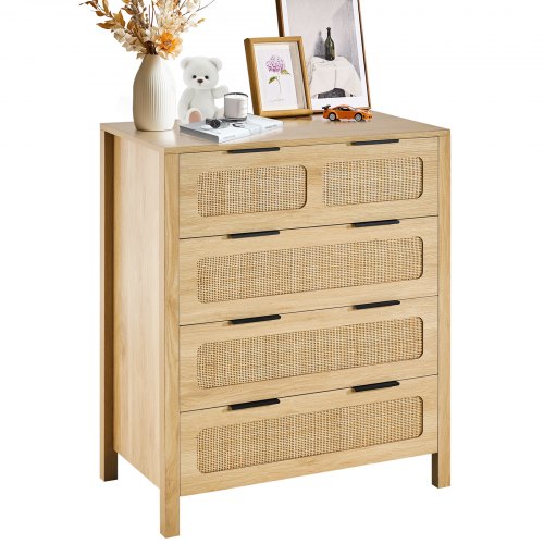 Natural wood dresser with four rattan drawers and a boho design for versatile storage.
