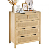 Natural wood dresser with four rattan drawers and a boho design for versatile storage.