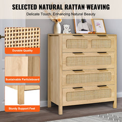 Natural wood dresser with four rattan drawers and a boho design for versatile storage.