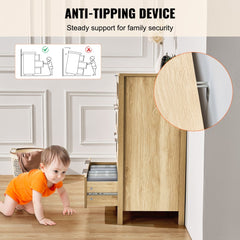 Natural wood dresser with four rattan drawers in a boho style, ideal for storage.