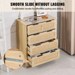 Natural wood dresser with four rattan drawers and a versatile boho design.