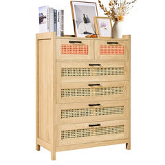Bostome 5-drawer rattan dresser in boho natural wood brown with woven fronts.