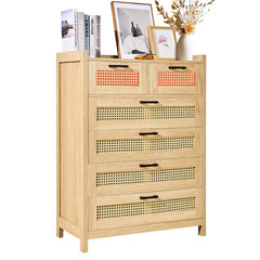 Bostome 5-drawer rattan dresser in boho natural wood brown with woven fronts.