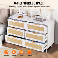 White Boho 6-drawer dresser with rattan accents and a sturdy, scratch-resistant surface.