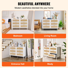 White boho dresser with six rattan drawers and a scratch-resistant surface for versatile storage.