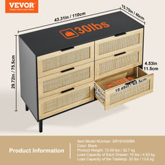 Black boho dresser with six rattan drawers and sturdy legs for versatile storage solutions.