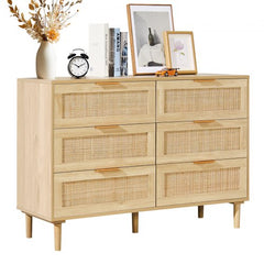 Bostome 6-drawer rattan dresser in boho natural wood brown with woven fronts and tapered legs.