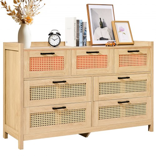 Bostome 7-drawer rattan dresser in boho natural wood brown with woven panels.