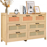 Bostome 7-drawer rattan dresser in boho natural wood brown with woven panels.