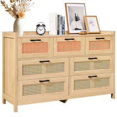Bostome 7-drawer rattan dresser in boho natural wood brown with woven panels.