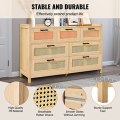 Bostome 7-drawer rattan dresser in boho natural wood brown with woven accents.