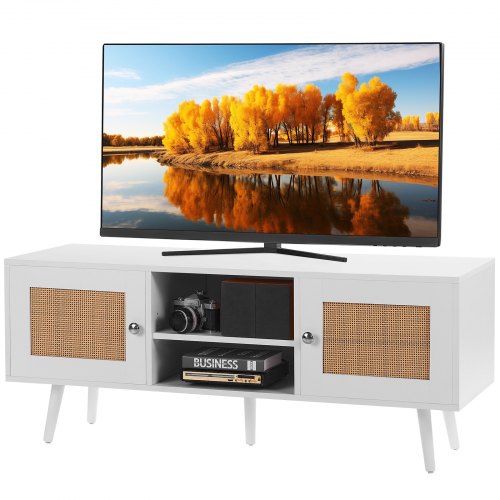 White rattan TV stand with open shelves and cabinets, designed for 55" TVs.