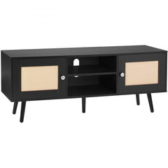 Black mid-century modern TV stand with hand-woven rattan doors and adjustable shelves.