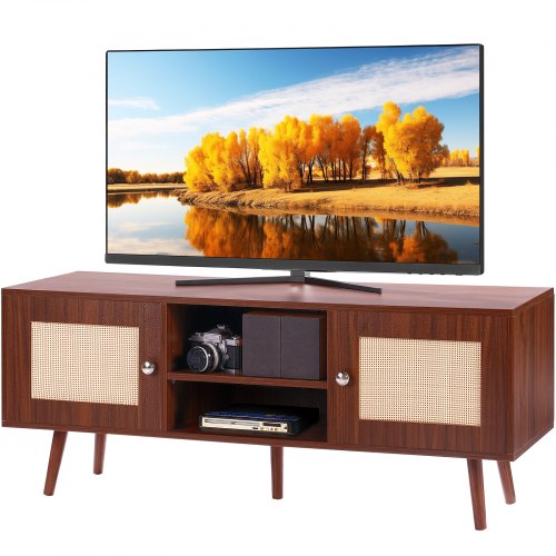 Bostome Rattan TV stand in walnut with hand-woven doors and adjustable middle shelf for storage.