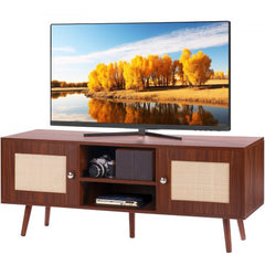 Bostome Rattan TV stand in walnut with hand-woven doors and adjustable middle shelf for storage.
