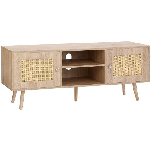 Mid-century modern oak TV stand with hand-woven rattan doors and spacious tabletop for 55" TVs.
