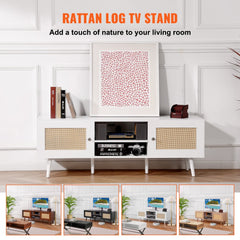 White rattan TV stand with hand-woven doors and ample storage for a 65" TV.