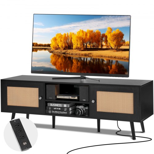 Black boho rattan TV stand with spacious cabinets and a sturdy tabletop for a 65-inch TV.