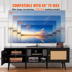 Black boho rattan TV stand with spacious cabinets and built-in power outlets for easy device connection.