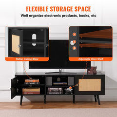 Black boho rattan TV stand with spacious cabinets and a sturdy tabletop for 65-inch TVs.