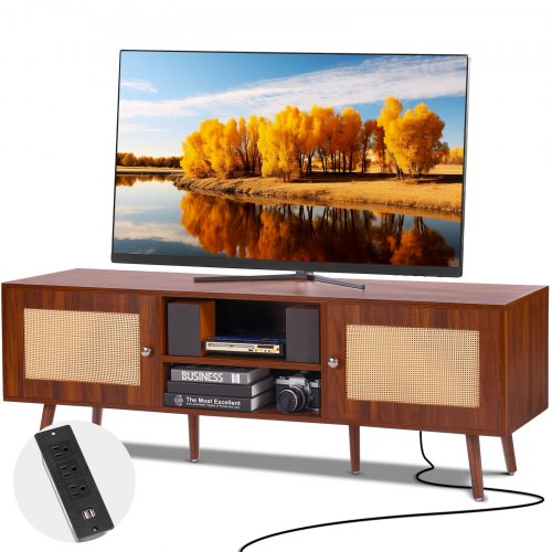 Mid-century modern walnut TV stand with rattan doors and built-in power outlets.