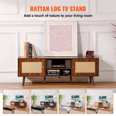 Walnut mid-century modern TV stand with rattan doors and built-in power outlets.