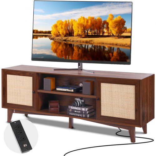 Walnut boho TV stand with rattan doors, built-in power strip, and support for 75-inch TV.