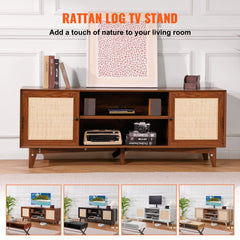 Walnut rattan TV stand with woven doors, open shelves, and built-in power outlets.