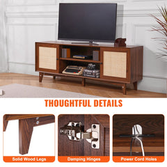 Walnut boho TV stand with rattan doors, solid wood legs, damping hinges, and power cord holes.