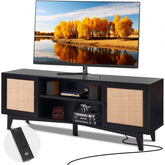 Black Boho rattan TV stand with a spacious tabletop, built-in power socket, and adjustable shelf.