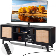 Black Boho rattan TV stand with a spacious tabletop, built-in power socket, and adjustable shelf.