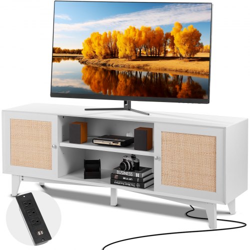 White rattan TV stand for 75-inch TV with storage cabinets, power strip, and media shelves.