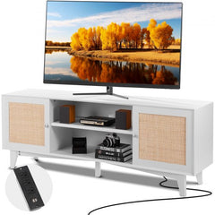White rattan TV stand for 75-inch TV with storage cabinets, power strip, and media shelves.