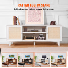 White rattan TV stand with storage cabinets and open shelves for up to 75-inch TV.